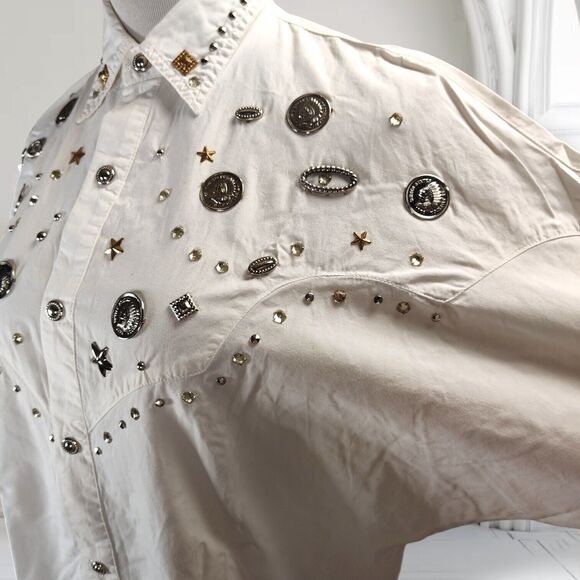 Vintage 80s Studded Western Top Size M Buffalo Head Coins Snap Front Blouse - Picture 9 of 16